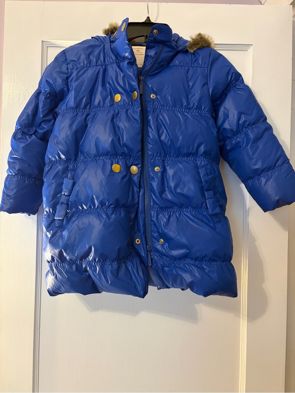 Hanna Andersson Royal Blue Girls' Puffer Coat with Faux Fur Hood